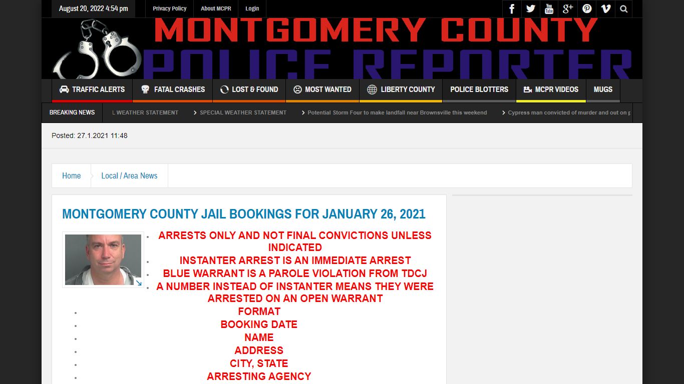 MONTGOMERY COUNTY JAIL BOOKINGS FOR JANUARY 26, 2021